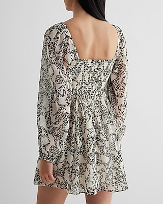 Printed Sweetheart Neckline Long Sleeve Mini Babydoll Dress