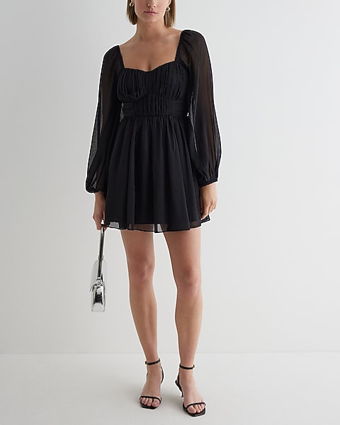 black long sleeve babydoll dress Women's Linen Style V-Neck Large and pockets Long Sleeve Dress - Black