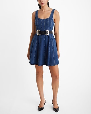 Medium Wash Denim Sleeveless Corset Mini Fit And Flare Dress | Express