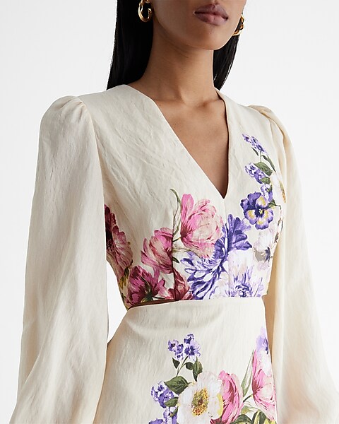 Patlollav Womens Fashion Casual V-Neck Tie Floral Print Slit Puff Sleeve  Dress 