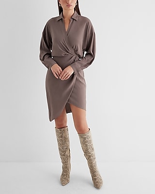 Nude Shirt Dress Apricot Split V Neck Ruffled Long Sleeves Shirt Dress –  KesleyBoutique