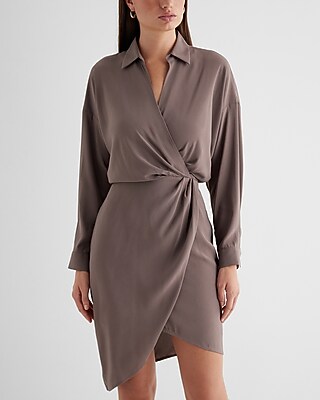 V-Neck Surplice Asymmetrical Mini Portofino Shirt Dress