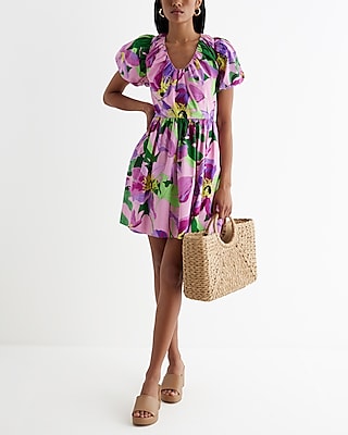 Floral V-neck Puff Sleeve Poplin Mini Dress