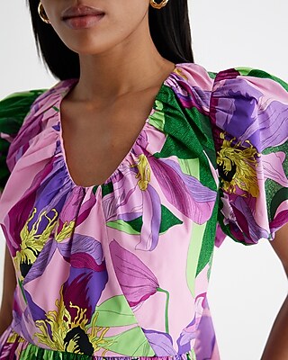 Floral V-Neck Puff Sleeve Poplin Mini Dress