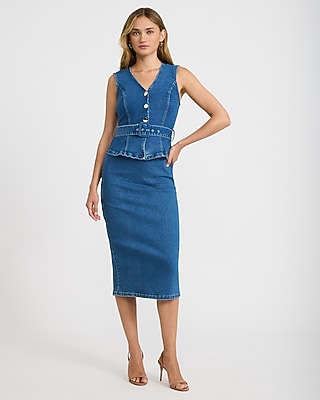 Stretch Denim V-Neck Button Front Belted Midi Dress