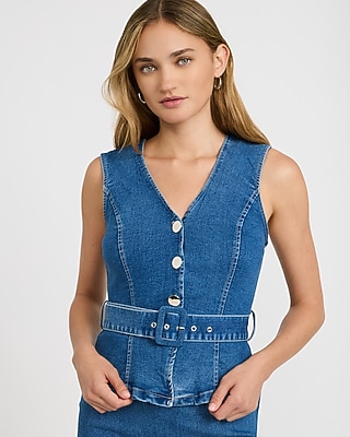 Stretch Denim V-Neck Button Front Belted Midi Dress
