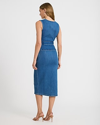 Stretch Denim V-Neck Button Front Belted Midi Dress