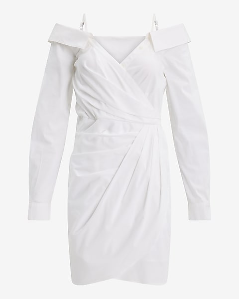 Off The Shoulder Long Sleeve Surplice Mini Shirt Dress | Express Off The Shoulder Long Sleeve Surplice Mini Shirt Dress | Express