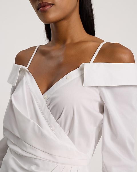 Off The Shoulder Long Sleeve Surplice Mini Shirt Dress | Express Off The Shoulder Long Sleeve Surplice Mini Shirt Dress | Express