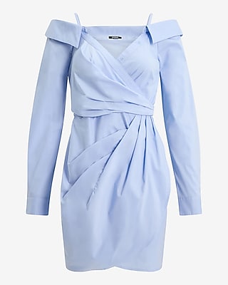 Off The Shoulder Long Sleeve Surplice Mini Shirt Dress