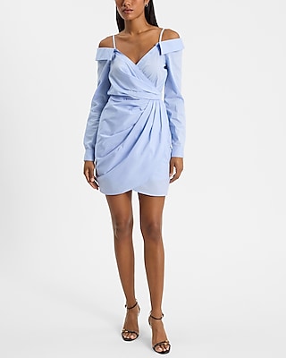 Off The Shoulder Long Sleeve Surplice Mini Shirt Dress