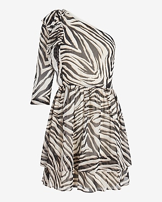 Rachel Zoe Zebra Print One Shoulder Ruffle Mini Dress