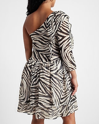 Rachel Zoe Zebra Print One Shoulder Ruffle Mini Dress