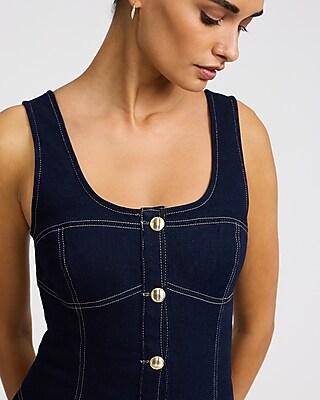 Dark Wash Scoop Neck Novelty Button Denim Mini Dress | Express