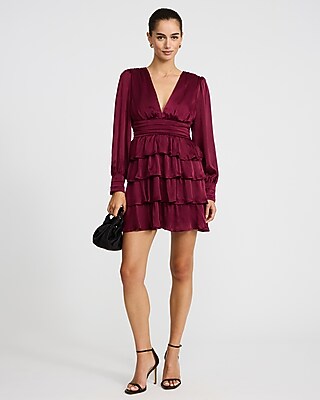Satin V-neck Long Sleeve Tiered Ruffle Mini Dress | Express