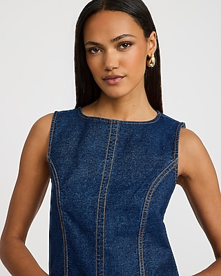 Denim Crew Neck Sleeveless Seamed Mini Sheath Dress