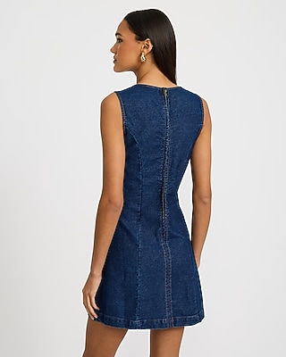 Denim Crew Neck Sleeveless Seamed Mini Sheath Dress