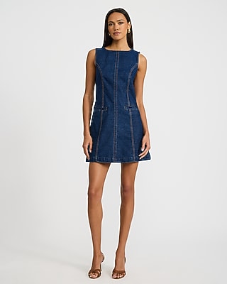 Denim Crew Neck Sleeveless Seamed Mini Sheath Dress