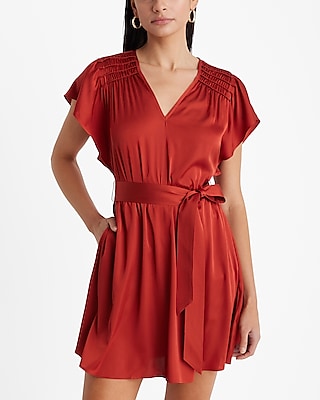 Satin V-Neck Flutter Sleeve Tie Waist Mini Dress