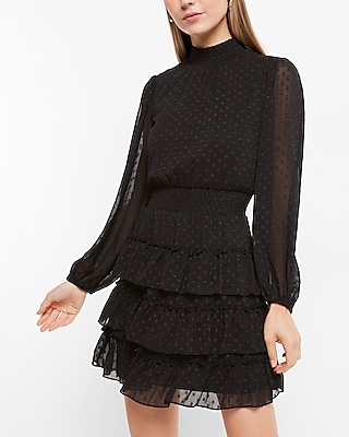 Express  Lace Mock Neck Long Sleeve Tiered Ruffle Dress in Pitch