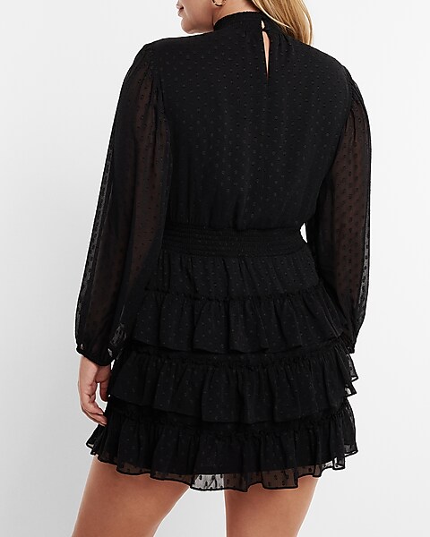 Express  Lace Mock Neck Long Sleeve Tiered Ruffle Dress in Pitch
