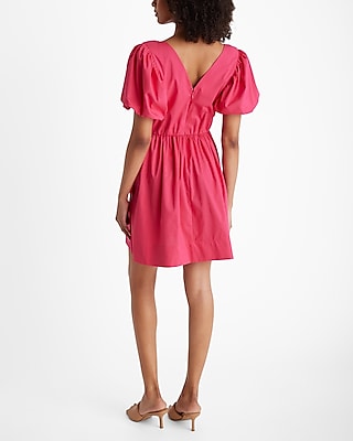 V-Neck Puff Sleeve Poplin Mini Dress