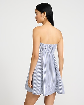 Striped Strapless Smocked Back Mini Fit and Flare Dress with Pockets
