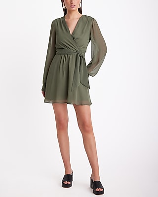 Express  Jacquard Satin Tie Waist Long Sleeve Mini Dress in Pitch