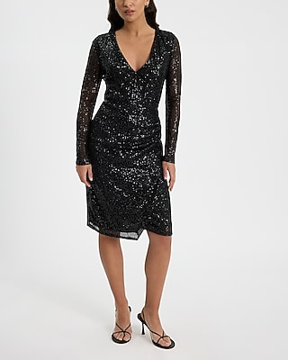 chinese dress ladies Sequin Dress with Long Sleeves - Small / Black