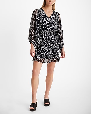 Polka Dot V-Neck Long Sleeve Tiered Smocked Waist Mini Dress