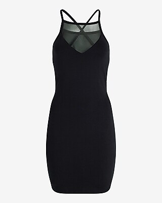 Mesh High Neck Cross Back Mini Dress