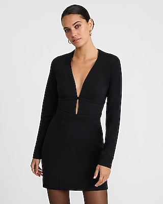 Crepe V-Neck Long Sleeve Keyhole Mini Dress