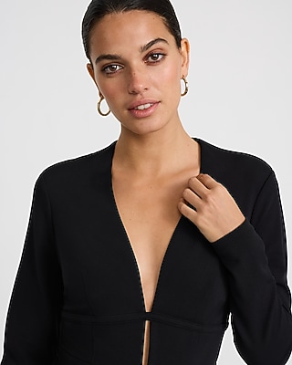 Crepe V-Neck Long Sleeve Keyhole Mini Dress