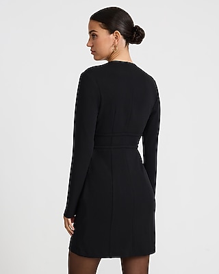 Crepe V-Neck Long Sleeve Keyhole Mini Dress