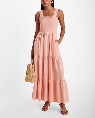 Linen-blend Square Neck Sleeveless Smocked Tiered Maxi Dress