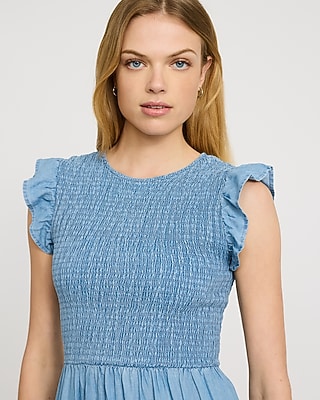 Chambray Crew Neck Flutter Sleeve Smocked Tiered Midi Dress