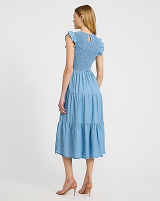 Chambray Crew Neck Flutter Sleeve Smocked Tiered Midi Dress