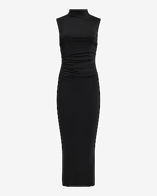 Body Contour Mock Neck Sleeveless Ruched Midi Dress