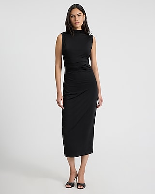 Body Contour Mock Neck Sleeveless Ruched Midi Dress