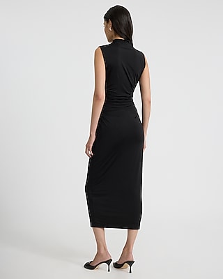 Body Contour Mock Neck Sleeveless Ruched Midi Dress