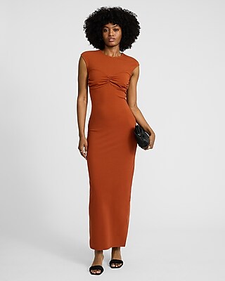 Crew Neck Cap Sleeve Ruched Maxi Dress