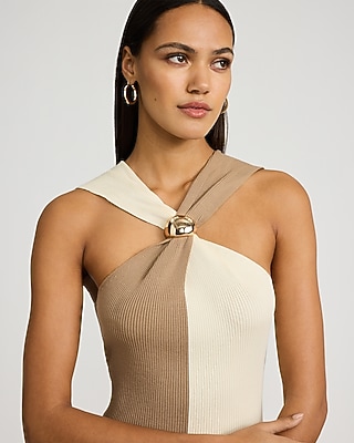 Color Block Hardware Halter Neck Mini Sweater Dress - image 2