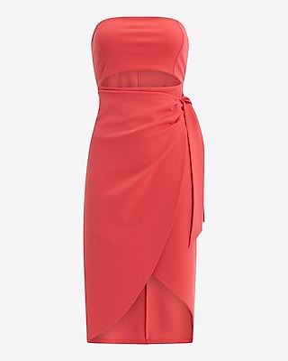 Strapless Cutout Tie Wrap Midi Sheath Dress