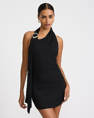 Ribbed Halter V-neck Hardware Cutout Sweater Midi Dress