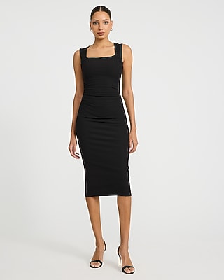Ribbed Knit Square Neck Ruched Midi Sheath Dress
