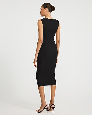 Ribbed Knit Square Neck Ruched Midi Sheath Dress