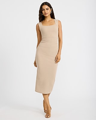 Ribbed Knit Square Neck Ruched Midi Sheath Dress