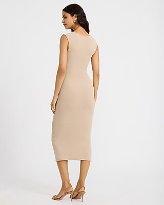 Ribbed Knit Square Neck Ruched Midi Sheath Dress