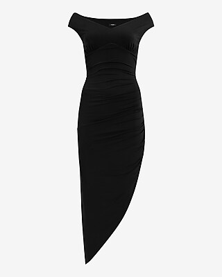 Off The Shoulder Ruched Asymmetrical Midi Dress