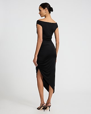 Off The Shoulder Ruched Asymmetrical Midi Dress